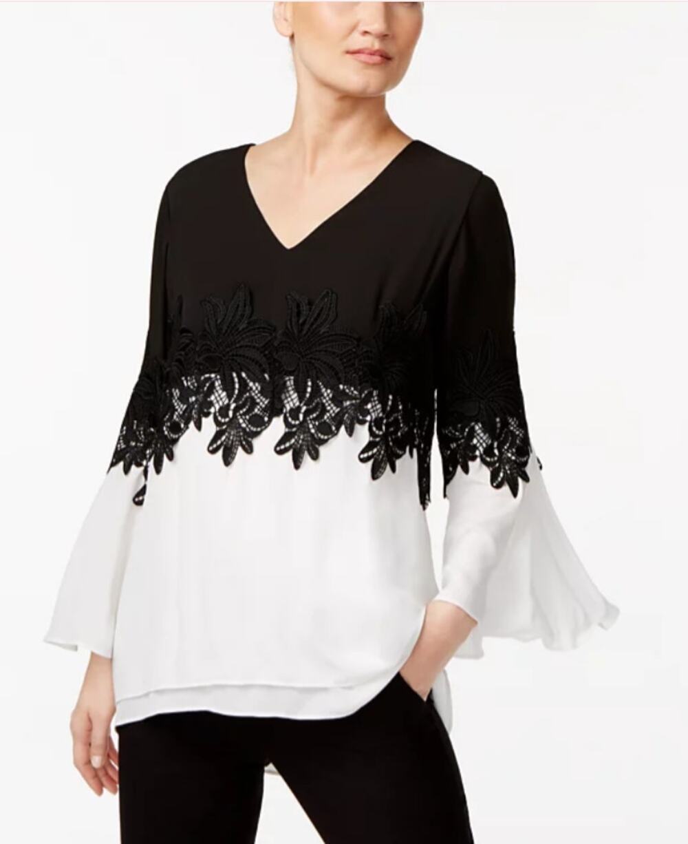 Alfani Womens 6 Lace Contrast Blouse Black & White Flowy  V-Neck Bell Sleeve EUC